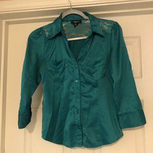 Peacock Green IZ Byer Adult Small Satin and Lace 3/4 Sleeve Button-Down Shirt